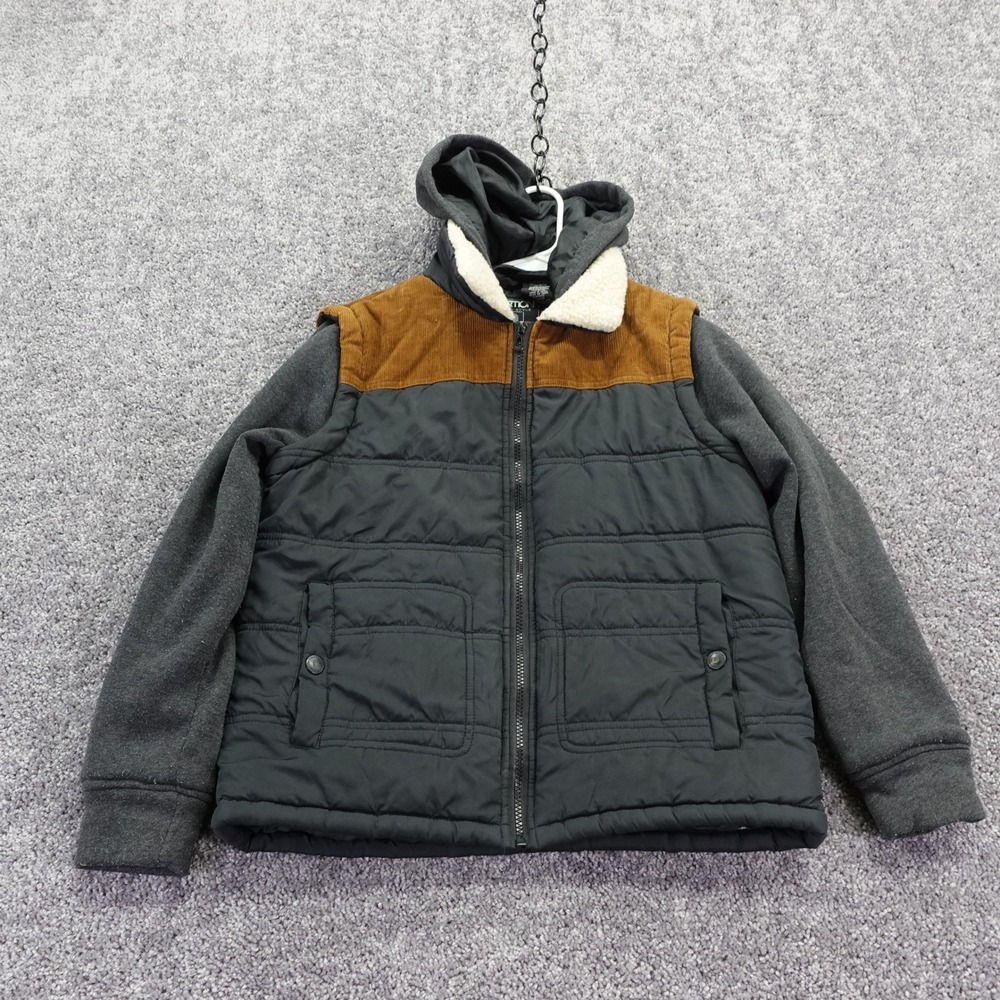 Distortion Hooded Puffer Jacket Boys 10/12 Black Brown Mixed Media Corduroy Coat